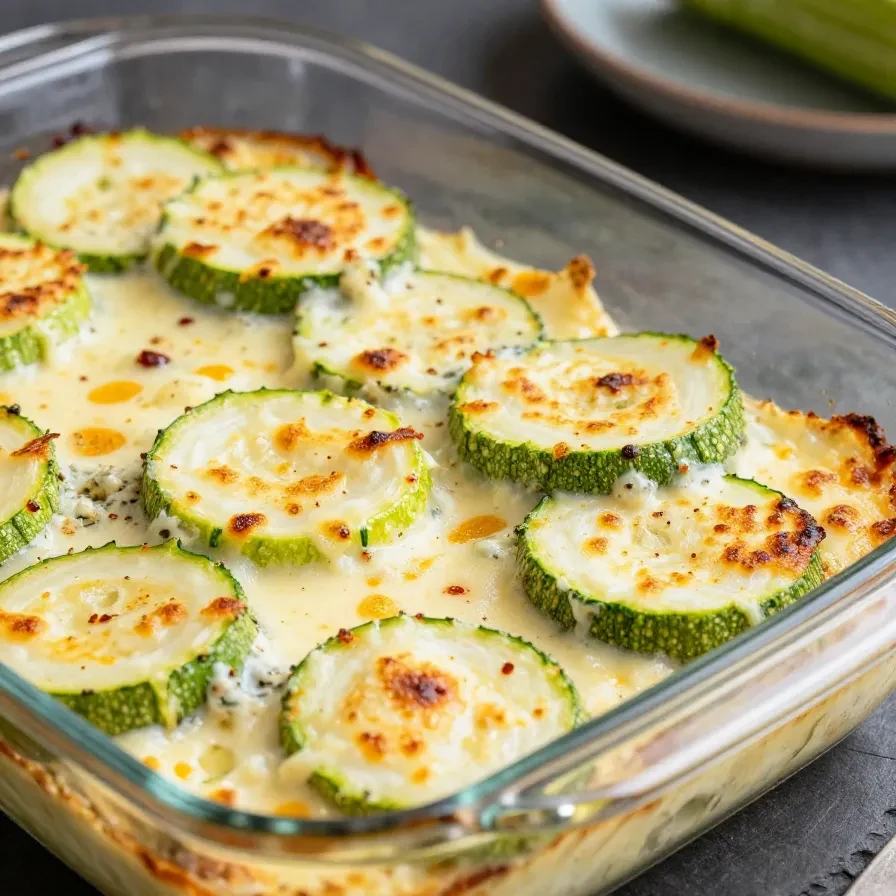Ein goldbraun gebackener Zucchini Auflauf mit Feta in einer Auflaufform, garniert mit frischen Kräutern.