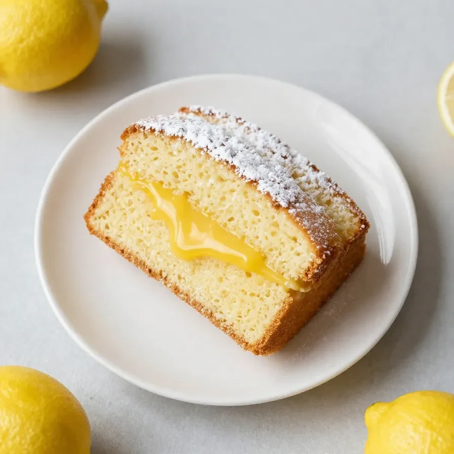 Ein saftiger Zitronen-Curd-Kuchen mit glänzender Zitronenglasur und frischen Zitronenscheiben auf einem hellen Teller.