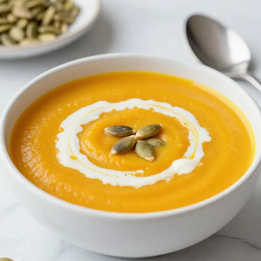 Eine cremige Butternut-Kürbissuppe mit Kokosmilch in einer Schale, garniert mit Kürbiskernen und frischen Kräutern.
