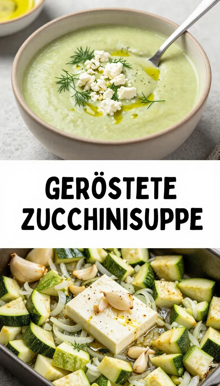 Eine cremige geröstete Zucchinisuppe in einer Schüssel, garniert mit zerbröseltem Feta und frischem Dill.
