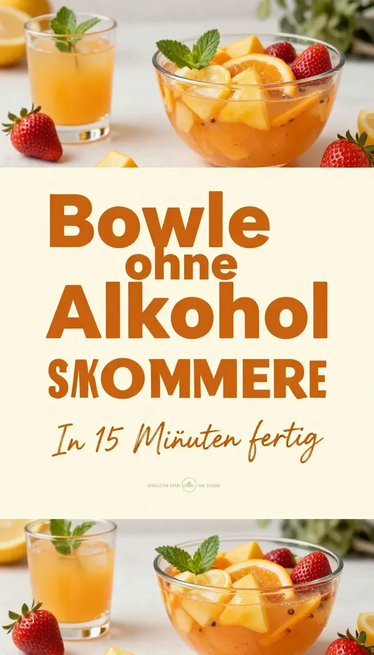 Glas mit alkoholfreier Sommerbowle mit frischen Beeren, Zitronenscheiben und Minze auf einem Gartentisch bei einer Grillparty.