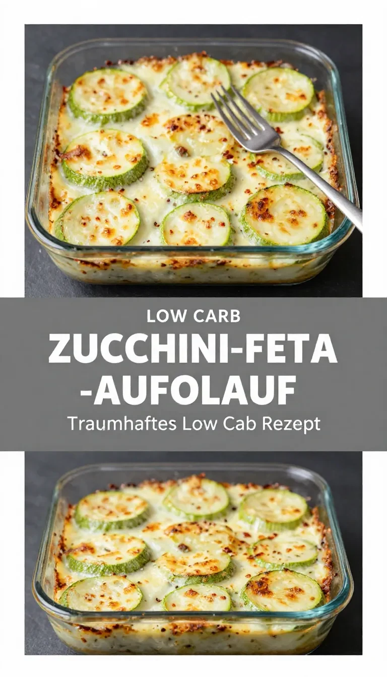 Ein goldbraun gebackener Zucchini Auflauf mit Feta in einer Auflaufform, garniert mit frischen Kräutern.