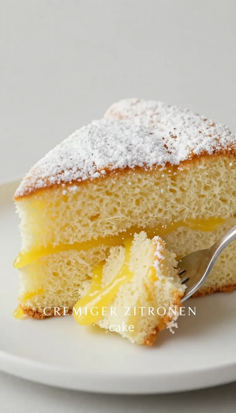 Ein saftiger Zitronen-Curd-Kuchen mit glänzender Zitronenglasur und frischen Zitronenscheiben auf einem hellen Teller.