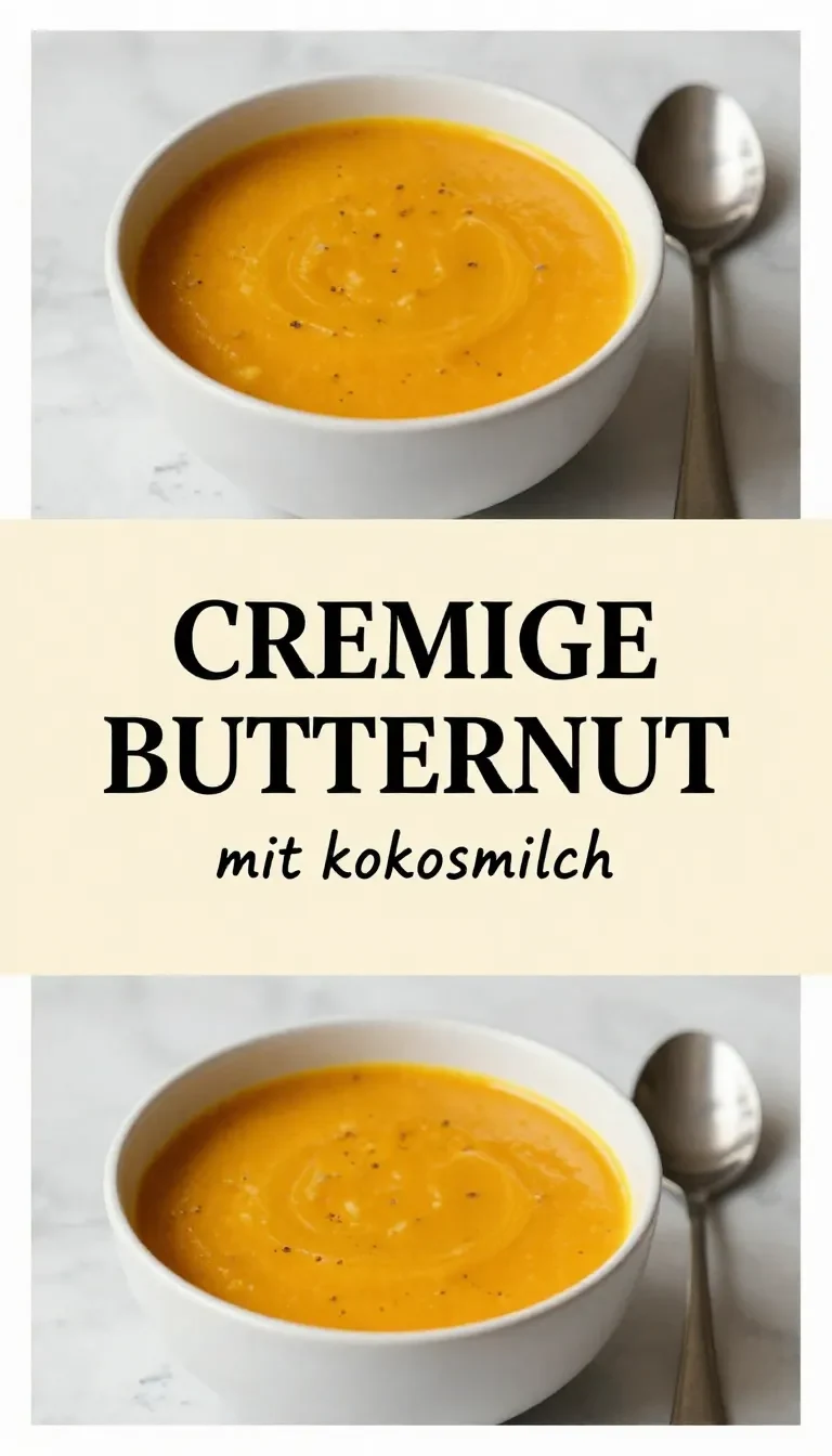 Eine cremige Butternut-Kürbissuppe mit Kokosmilch in einer Schale, garniert mit Kürbiskernen und frischen Kräutern.