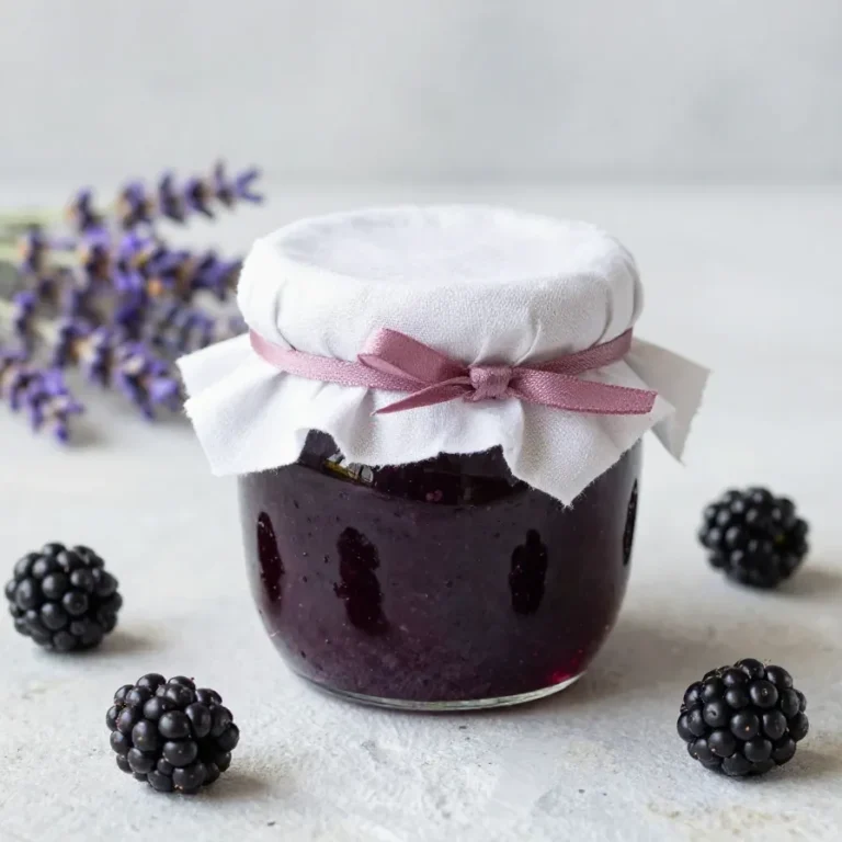Glas mit selbstgemachter Brombeermarmelade mit Lavendel auf einem hellen Holztisch.