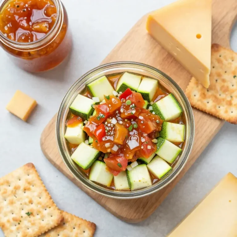Ein Glas selbstgemachtes Zucchini-Chutney mit sichtbaren Zucchini-Stückchen, Gewürzen und Kräutern auf einem Holztisch.