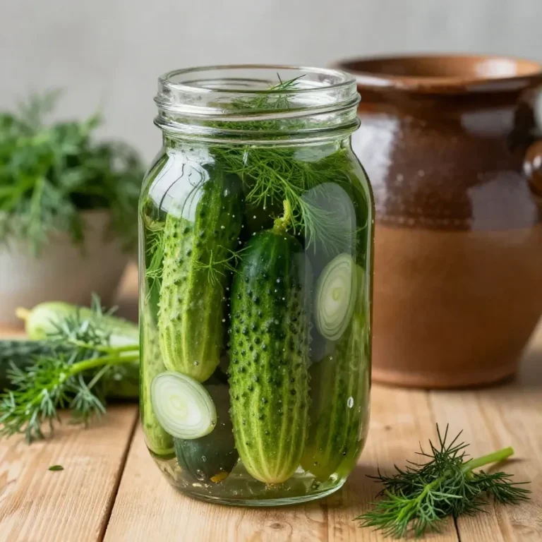 Ein Steintopf mit eingelegten Gurken, frischem Dill, Gewürzen und einem Holzlöffel auf einem rustikalen Holztisch.