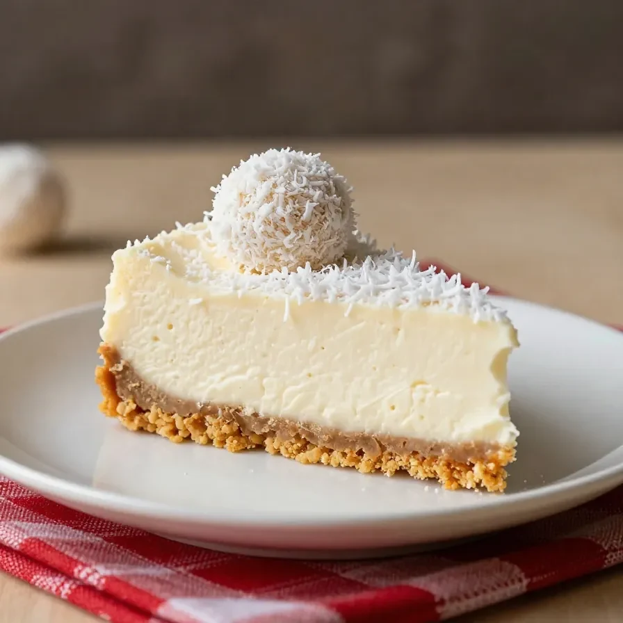 Raffaello White Chocolate Cheesecake mit cremiger Füllung und dekorierten Kokosraspeln auf einem weißen Teller
