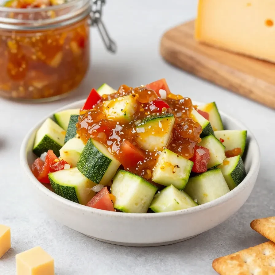 Ein Glas selbstgemachtes Zucchini-Chutney mit sichtbaren Zucchini-Stückchen, Gewürzen und Kräutern auf einem Holztisch.