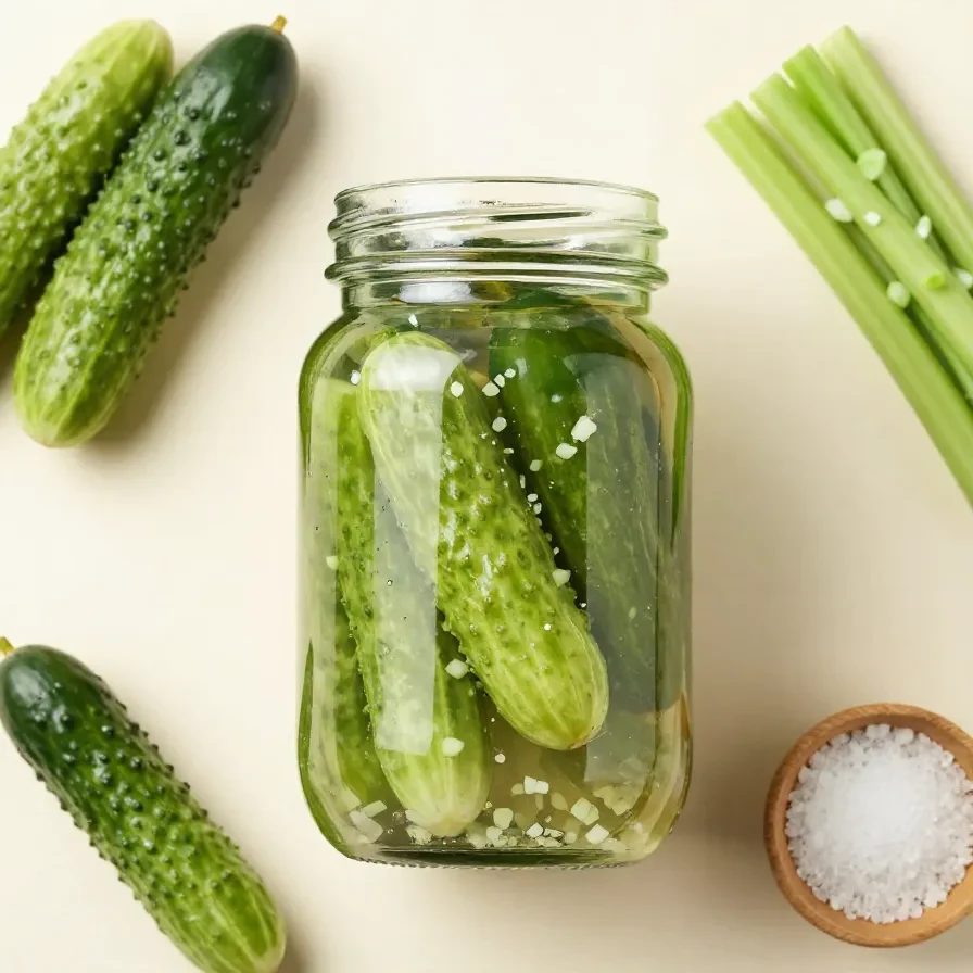 Glas mit Blitzgurken, frischen Gurkenscheiben, Dill und Gewürzen für schnelle Schüttelgurken ohne Kochen
