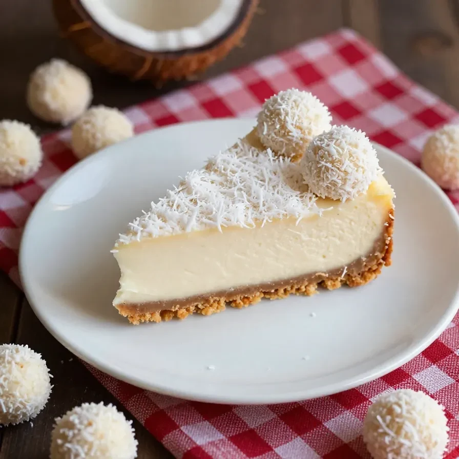 Raffaello White Chocolate Cheesecake mit cremiger Füllung und dekorierten Kokosraspeln auf einem weißen Teller