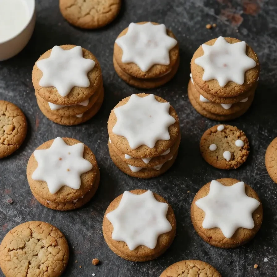 Traditionelle deutsche Lebkuchen-Kekse mit Zuckerguss auf einem Holztablett.