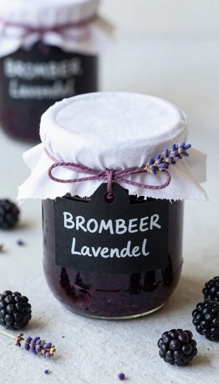 Glas mit selbstgemachter Brombeermarmelade mit Lavendel auf einem hellen Holztisch.