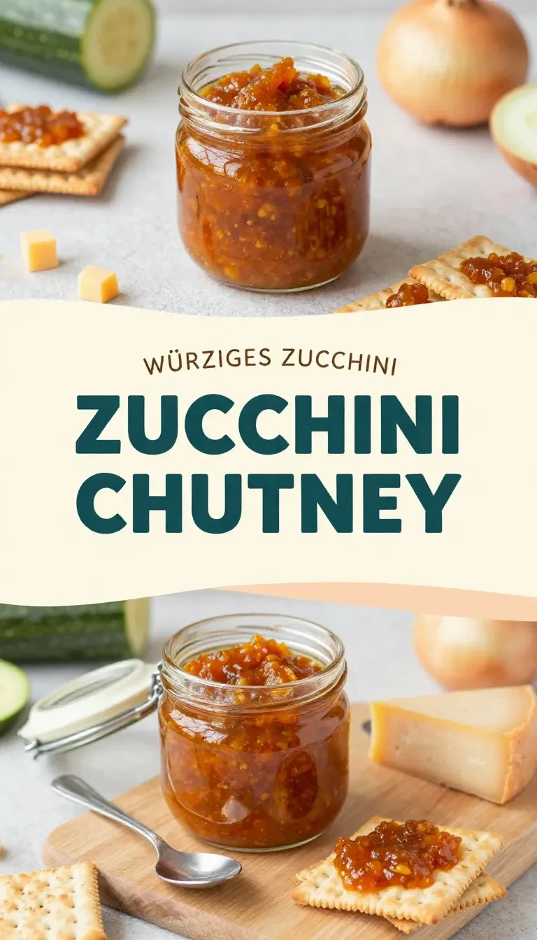 Ein Glas selbstgemachtes Zucchini-Chutney mit sichtbaren Zucchini-Stückchen, Gewürzen und Kräutern auf einem Holztisch.
