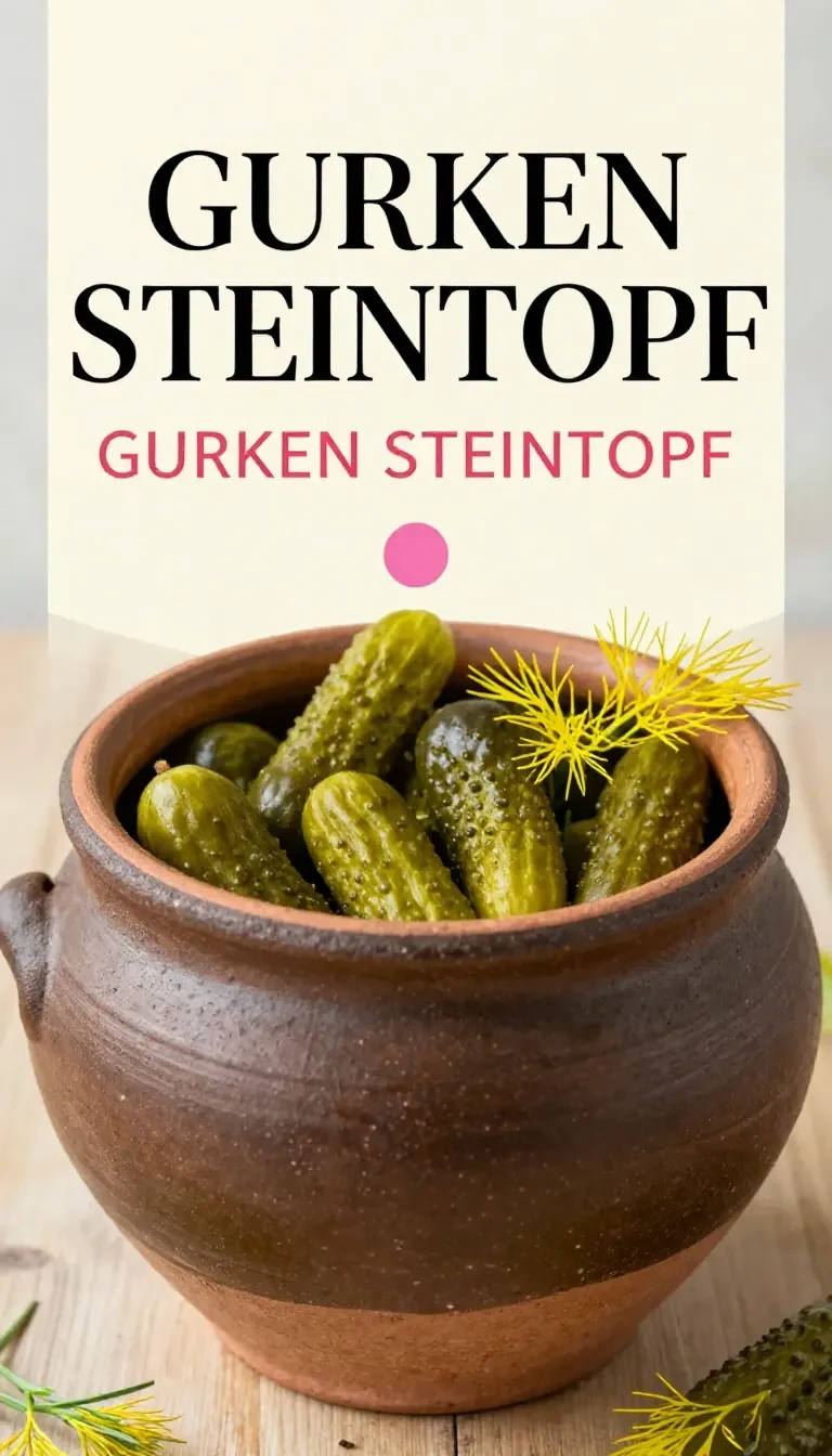 Ein Steintopf mit eingelegten Gurken, frischem Dill, Gewürzen und einem Holzlöffel auf einem rustikalen Holztisch.