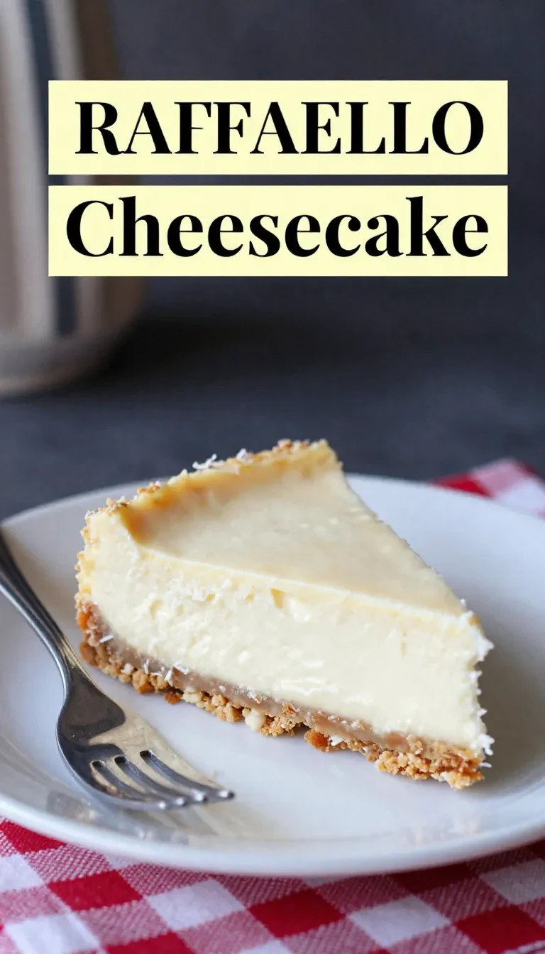 Raffaello White Chocolate Cheesecake mit cremiger Füllung und dekorierten Kokosraspeln auf einem weißen Teller