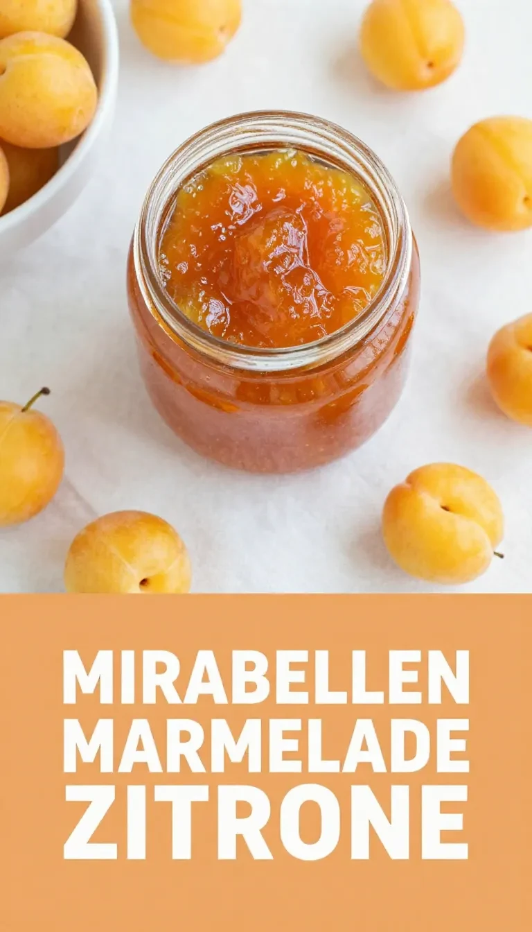 Glas mit selbstgemachter Mirabellenmarmelade neben frischen Mirabellen und einer Zitrone auf einem hellen Küchentisch.