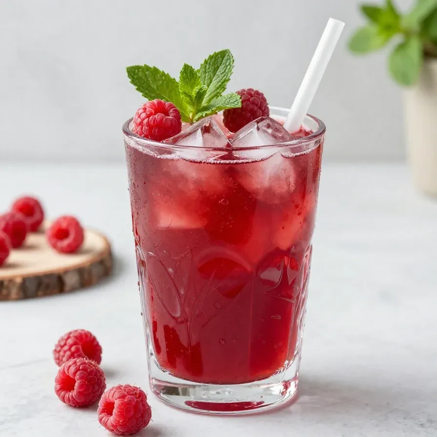 Glas mit Himbeer-Bowle auf einem hellen Tisch, garniert mit frischen Himbeeren, Zitronenscheiben und Minze als sommerliches Getränk mit Alkohol.