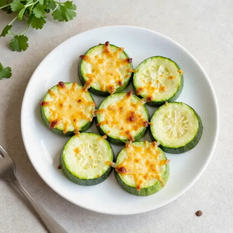Zucchinischeiben mit goldbraun überbackenem Käse auf einem Backblech