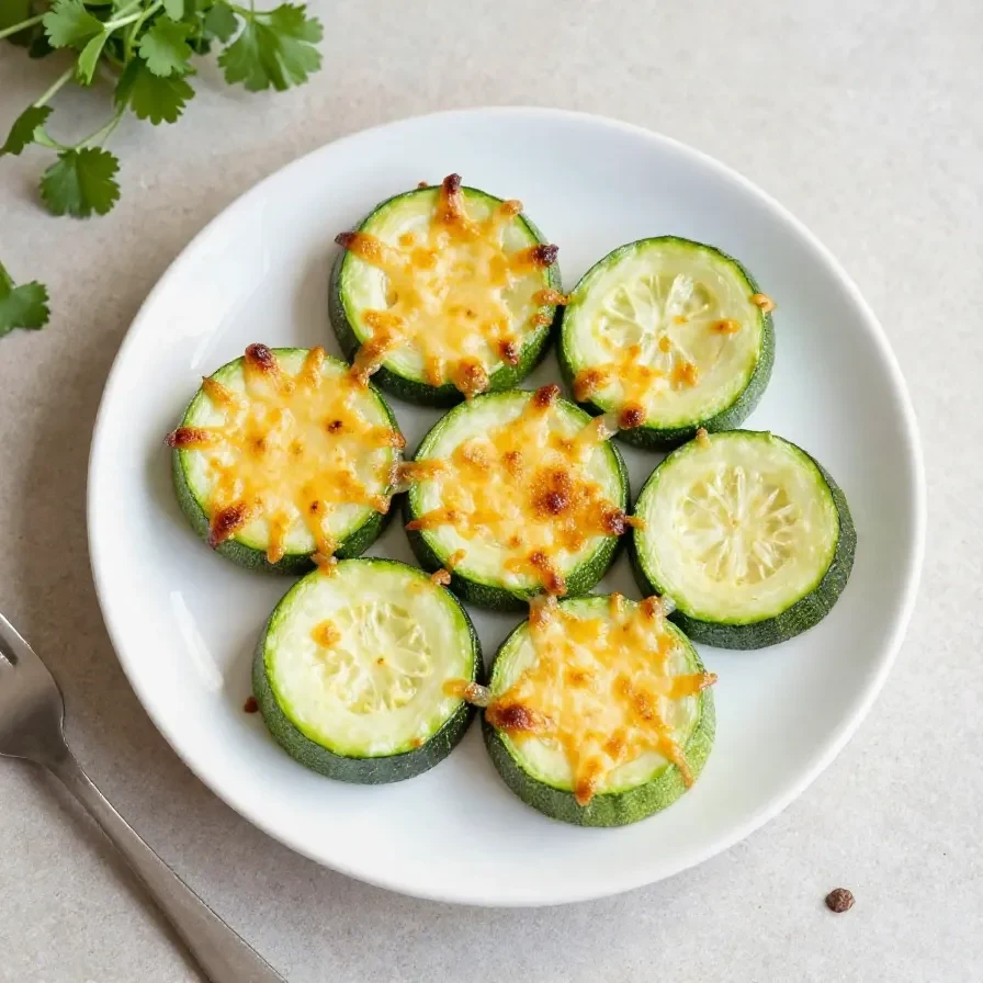 Zucchinischeiben mit goldbraun überbackenem Käse auf einem Backblech