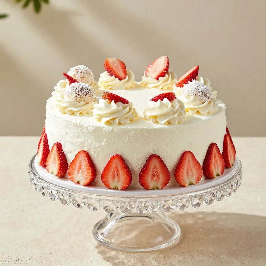 Erdbeer Raffaello Torte mit heller Creme, frischen Erdbeeren und Kokosraspeln auf einer Tortenplatte