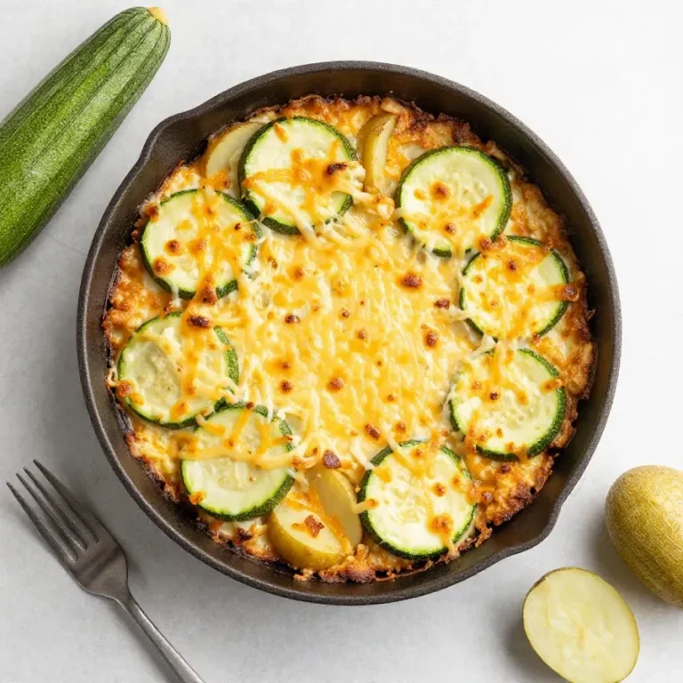 Ein goldbraun gebackener Zucchini-Kartoffel-Auflauf mit Knoblauch in einer Auflaufform.