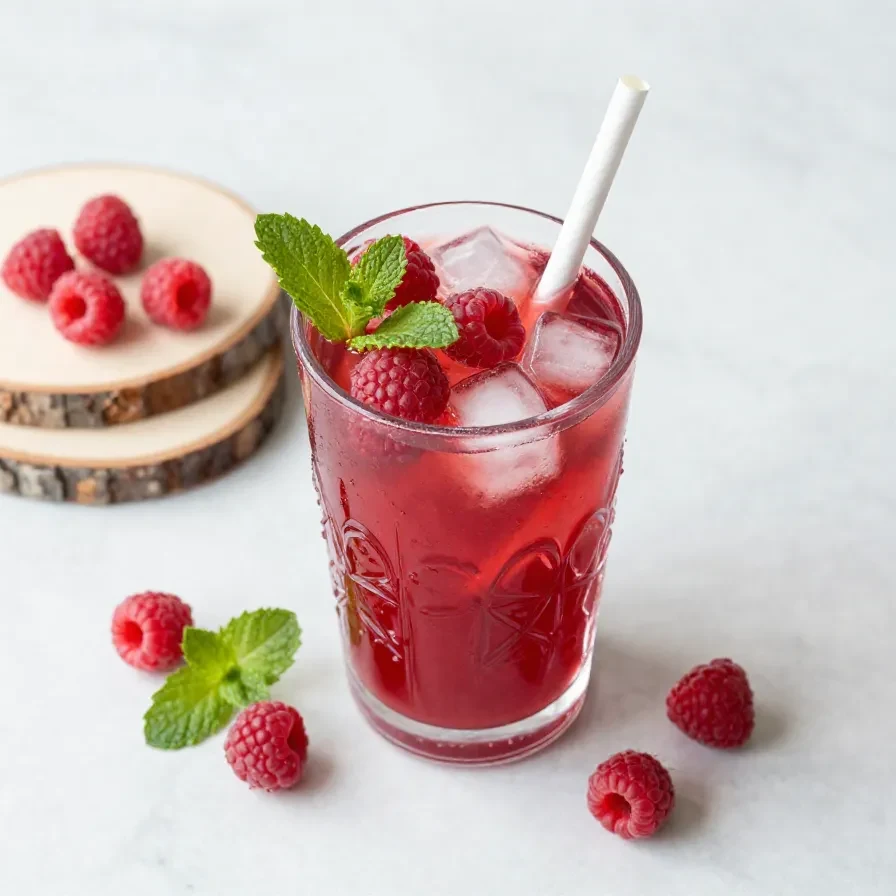 Glas mit Himbeer-Bowle auf einem hellen Tisch, garniert mit frischen Himbeeren, Zitronenscheiben und Minze als sommerliches Getränk mit Alkohol.