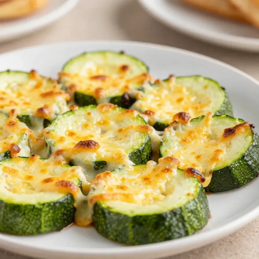 Zucchinischeiben mit goldbraun überbackenem Käse auf einem Backblech