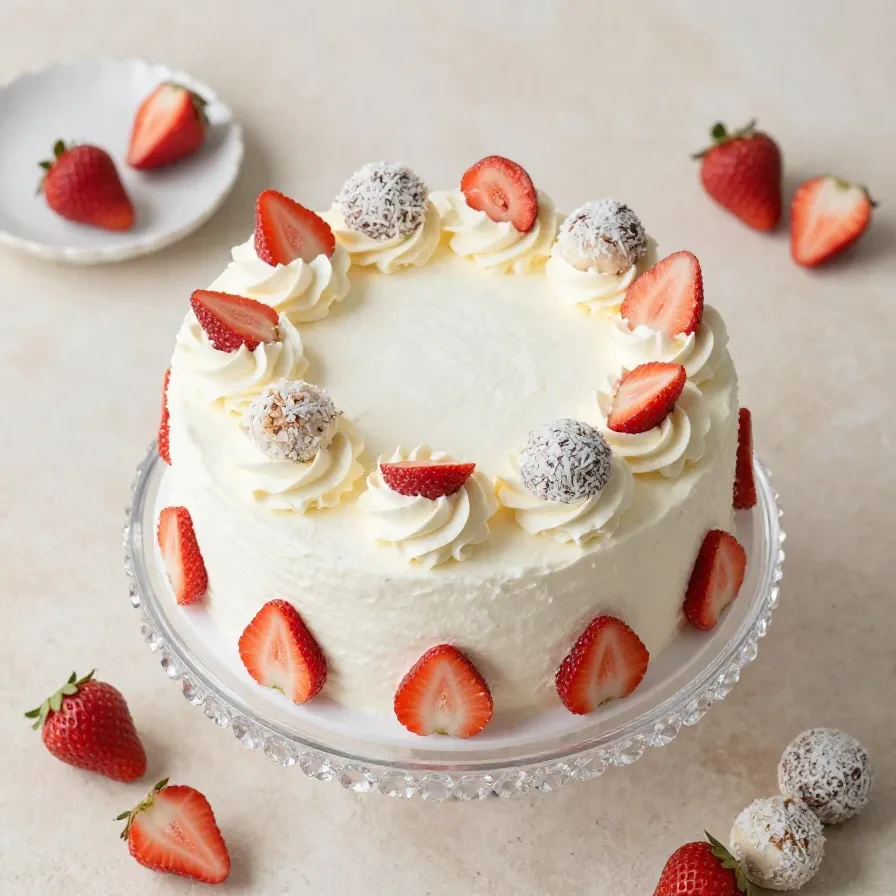 Erdbeer Raffaello Torte mit heller Creme, frischen Erdbeeren und Kokosraspeln auf einer Tortenplatte