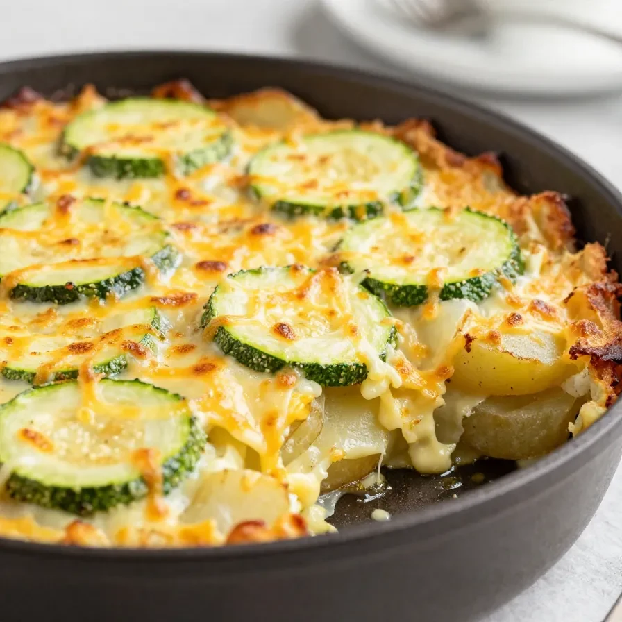 Ein goldbraun gebackener Zucchini-Kartoffel-Auflauf mit Knoblauch in einer Auflaufform.