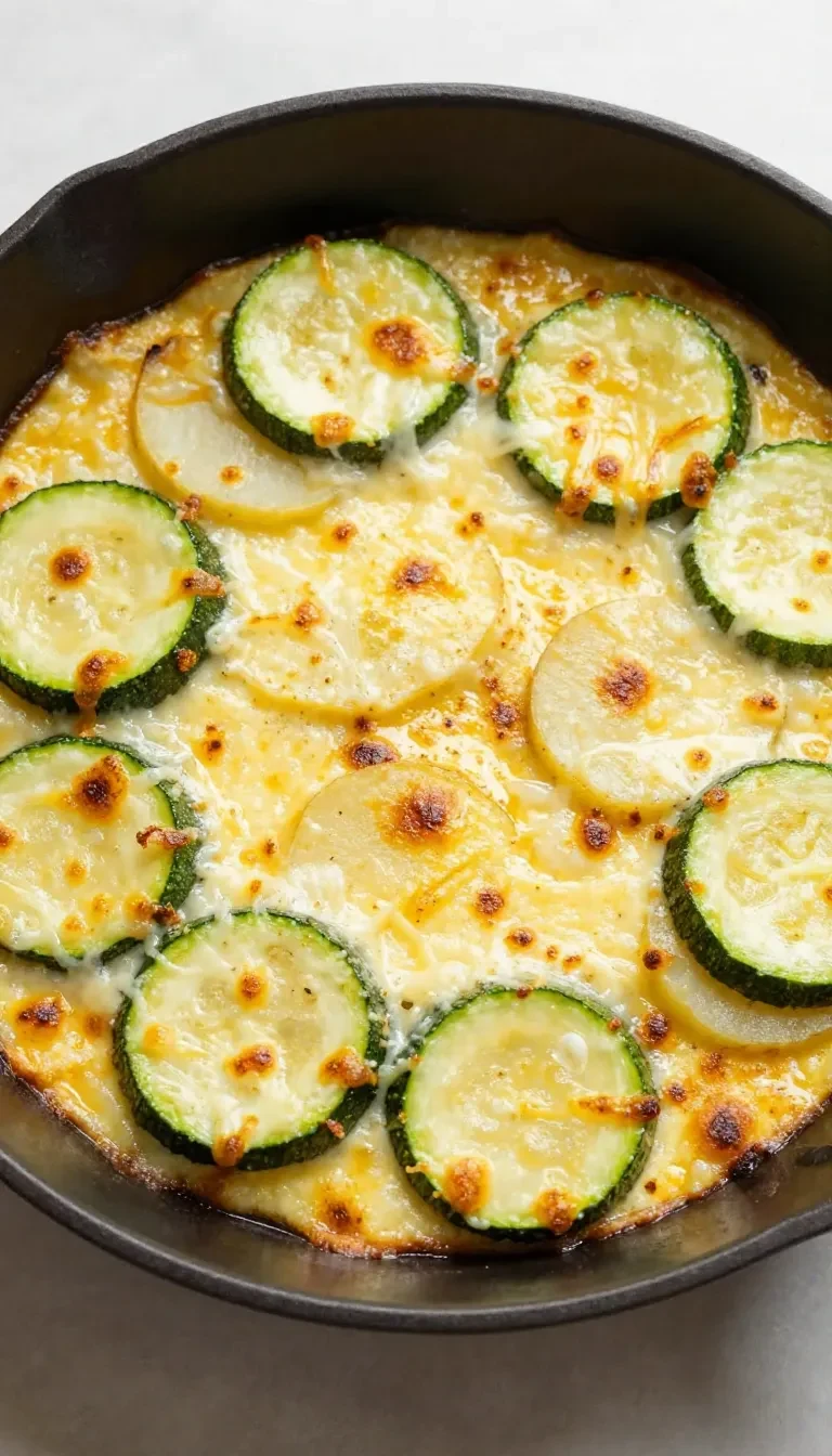 Ein goldbraun gebackener Zucchini-Kartoffel-Auflauf mit Knoblauch in einer Auflaufform.