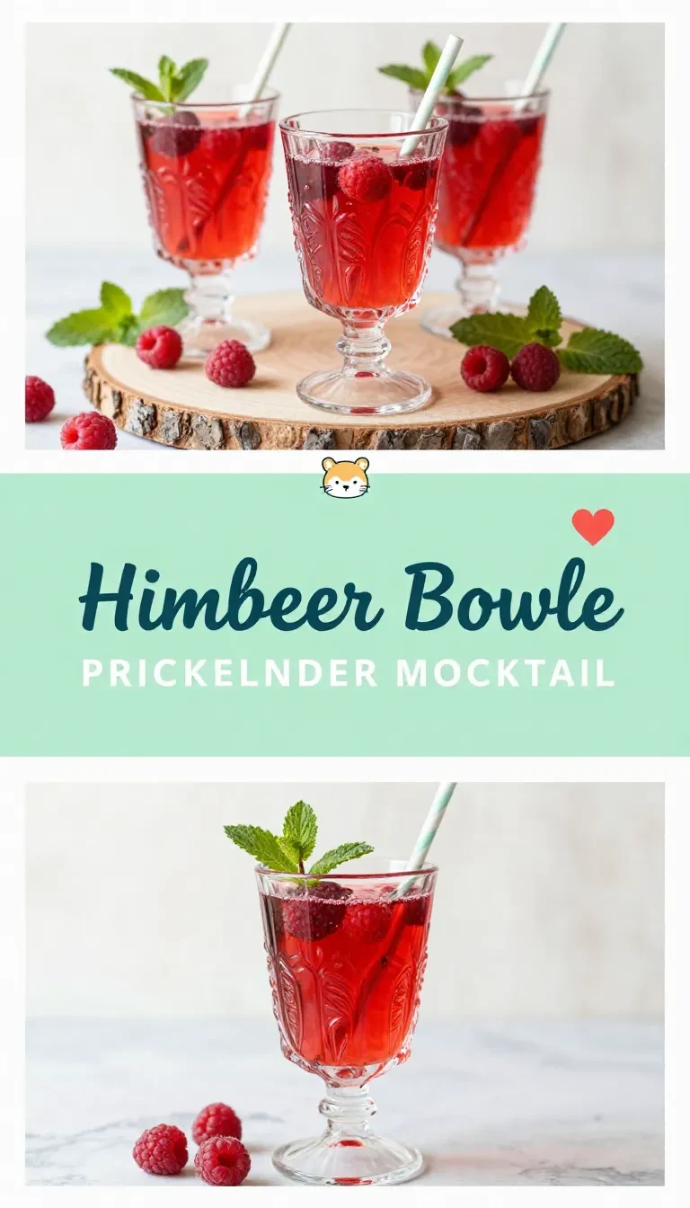 Glas mit Himbeer-Bowle auf einem hellen Tisch, garniert mit frischen Himbeeren, Zitronenscheiben und Minze als sommerliches Getränk mit Alkohol.