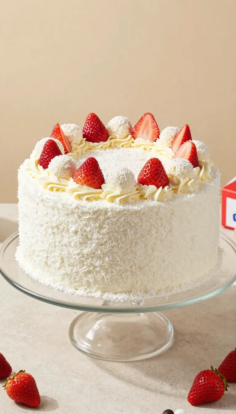 Erdbeer Raffaello Torte mit heller Creme, frischen Erdbeeren und Kokosraspeln auf einer Tortenplatte