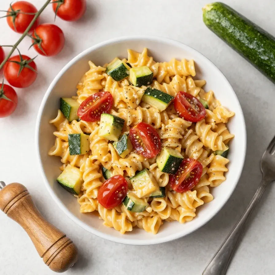 Cremige Maultaschenpfanne mit Zucchini, Tomaten und frischen Kräutern in einer Pfanne serviert