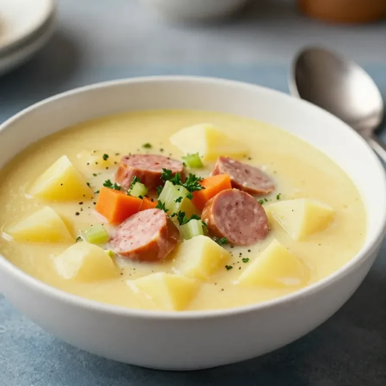 Eine dampfende Kartoffelsuppe mit Würstchen, Möhren und Lauch in einer Schüssel.