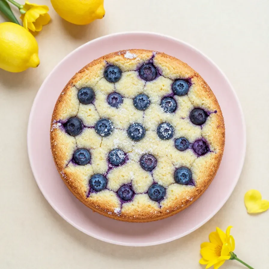 Ein veganer Zitronen-Heidelbeer-Kuchen auf einem Teller, mit goldgelber Glasur und frischen Heidelbeeren dekoriert.