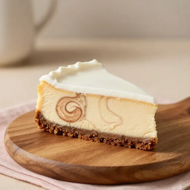 Ein cremiger Zimtschnecken-Cheesecake mit goldbrauner Zimtfüllung und hellem Frischkäse-Topping auf einem weißen Teller.