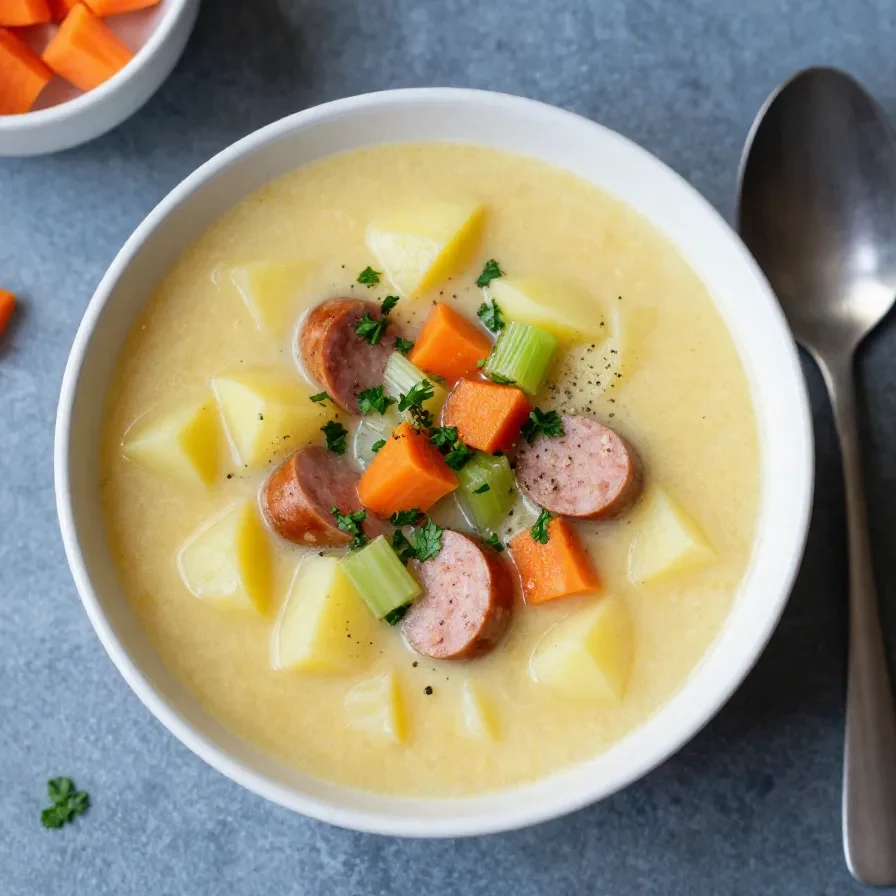 Eine dampfende Kartoffelsuppe mit Würstchen, Möhren und Lauch in einer Schüssel.