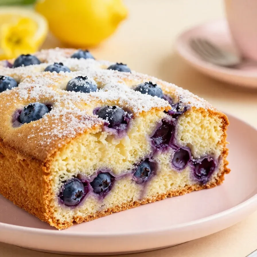 Ein veganer Zitronen-Heidelbeer-Kuchen auf einem Teller, mit goldgelber Glasur und frischen Heidelbeeren dekoriert.