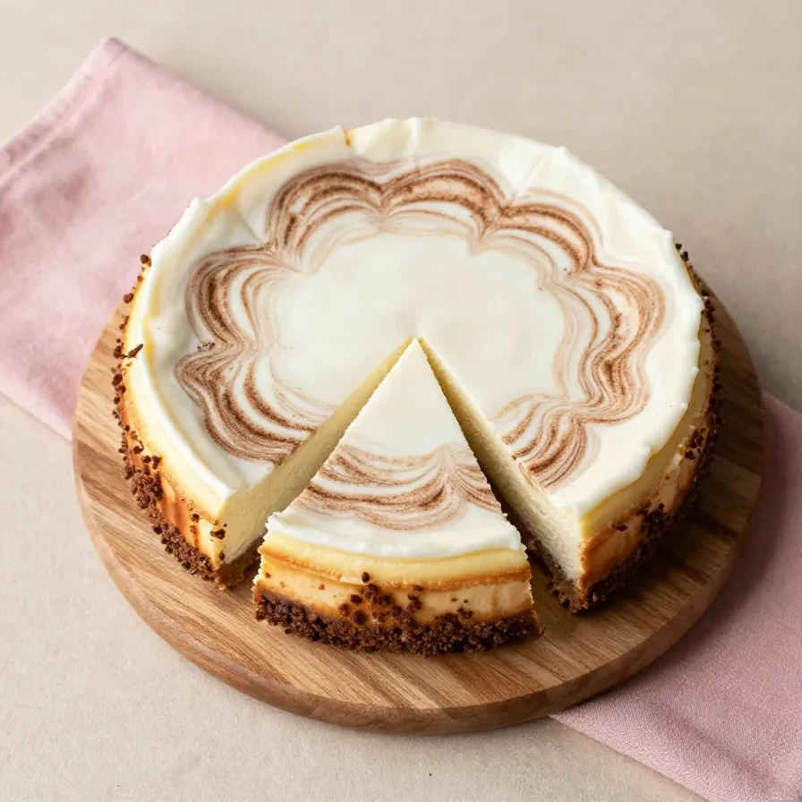 Ein cremiger Zimtschnecken-Cheesecake mit goldbrauner Zimtfüllung und hellem Frischkäse-Topping auf einem weißen Teller.