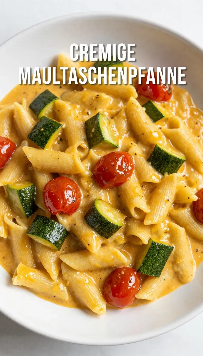 Cremige Maultaschenpfanne mit Zucchini, Tomaten und frischen Kräutern in einer Pfanne serviert