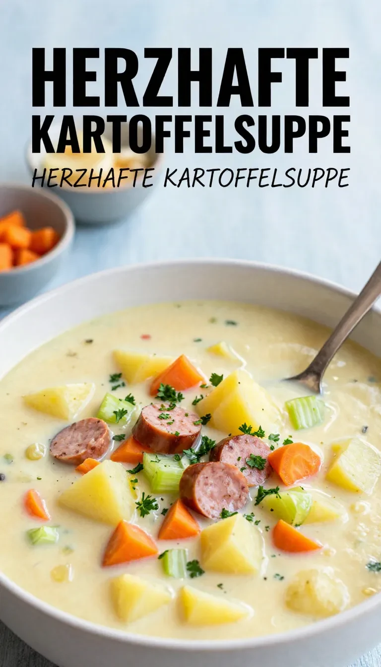 Eine dampfende Kartoffelsuppe mit Würstchen, Möhren und Lauch in einer Schüssel.