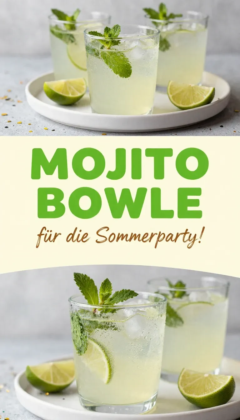 Erfrischende Mojito-Bowle mit Limettenscheiben, Minze und Eiswürfeln in einer großen Glasschüssel für die Sommerparty.