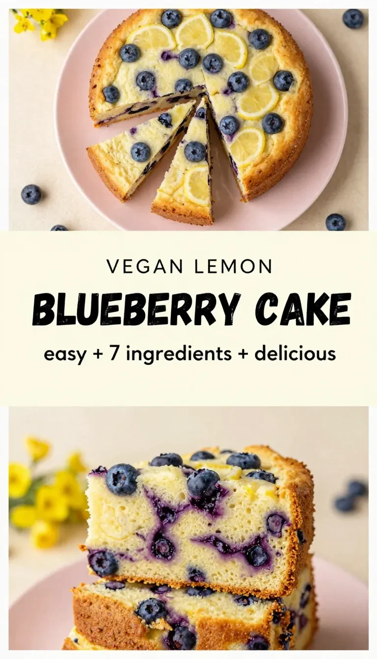 Ein veganer Zitronen-Heidelbeer-Kuchen auf einem Teller, mit goldgelber Glasur und frischen Heidelbeeren dekoriert.
