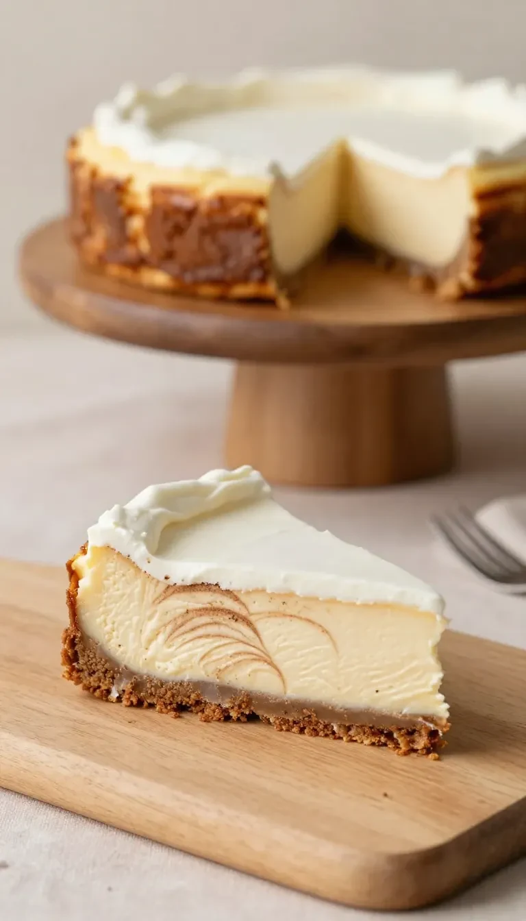 Ein cremiger Zimtschnecken-Cheesecake mit goldbrauner Zimtfüllung und hellem Frischkäse-Topping auf einem weißen Teller.