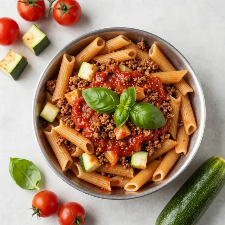 Rigatoni mit Wurst, Tomaten und Zucchini auf einem hellen Teller angerichtet