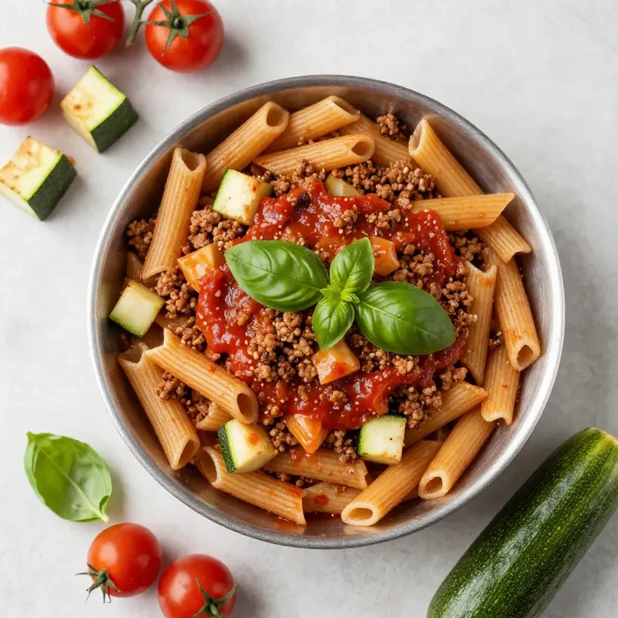 Rigatoni mit Wurst, Tomaten und Zucchini auf einem hellen Teller angerichtet