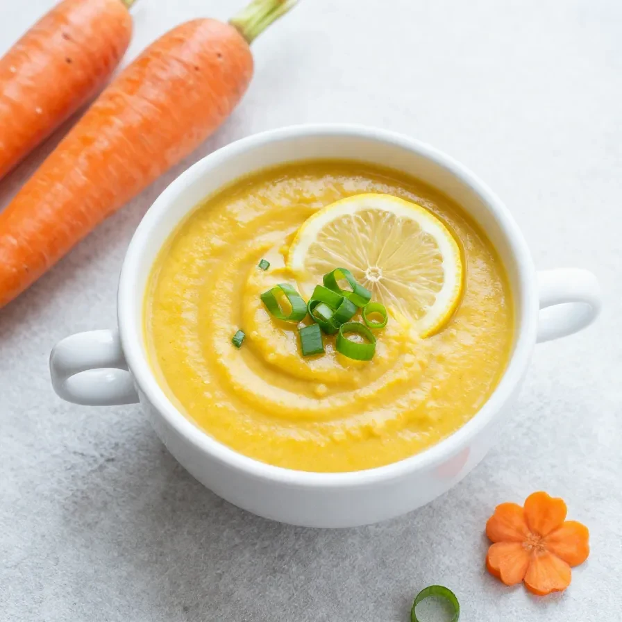Eine cremige Karotten-Zucchini-Suppe in einer weißen Schale, garniert mit frischen Kräutern.