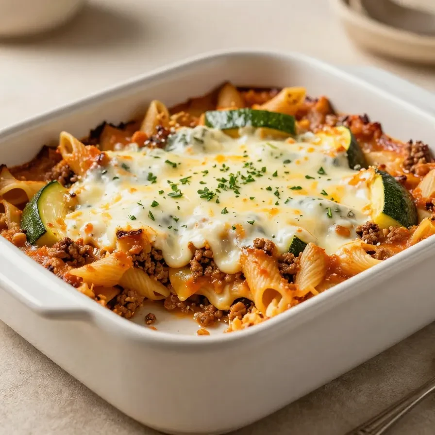 Goldbraun überbackenes Kritharaki-Gratin mit Hackfleisch, Zucchini und Schafskäse in einer Auflaufform.
