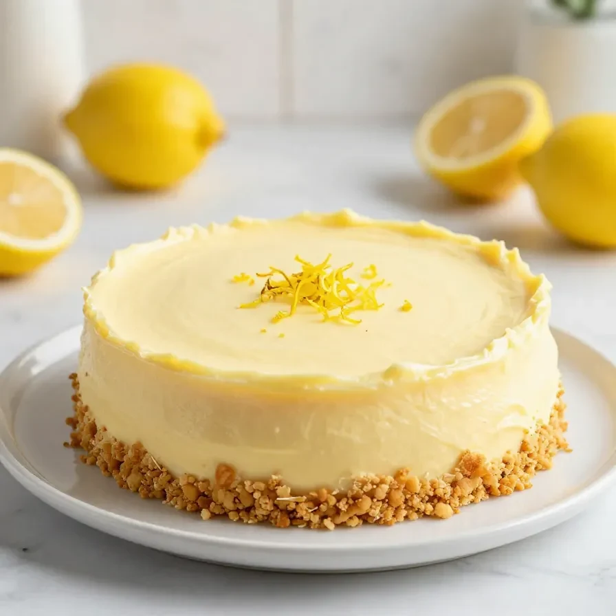 Zitronen Mascarpone Torte ohne Backen mit cremiger Füllung und frischen Zitronenscheiben auf einem Kuchenständer